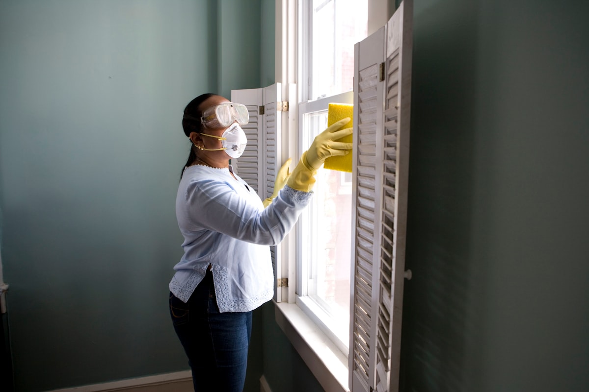 Cleaning professional wiping a window